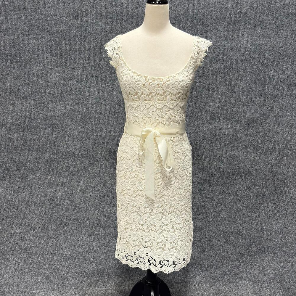 Collette Dinnigan Dress Womens S White Floral Lace Sheath Silk Lined Knee Length